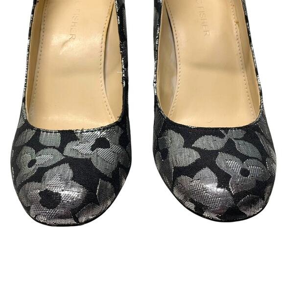 Marc Fisher Black Silver Metallic Block Heels Ankle Strap Flowers Brocade 6 - Picture 9 of 10